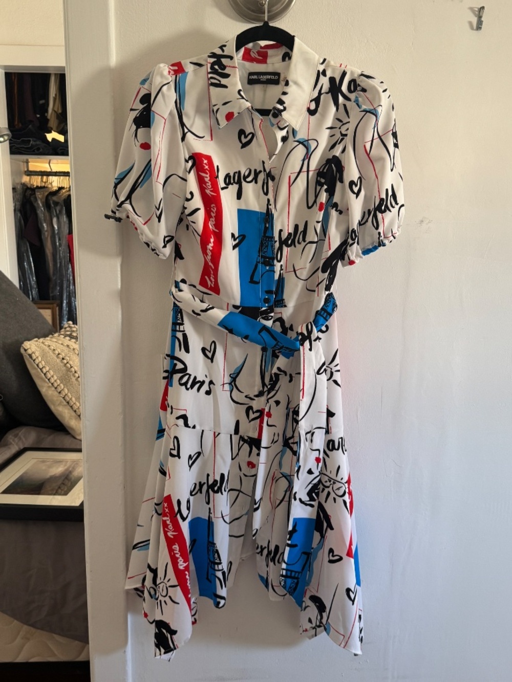 Karl Lagerfeld White Black Blue Red Paris Graphic Print Long Dress - Size 2